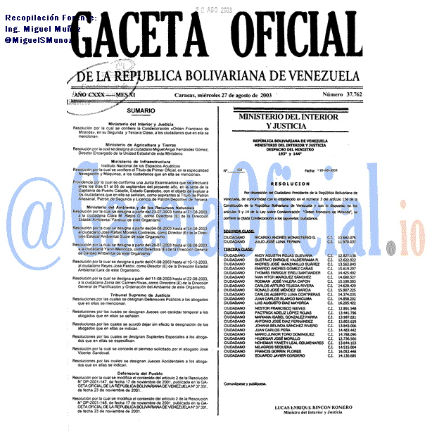 Gaceta Oficial 37762 del 27 Agosto 2003