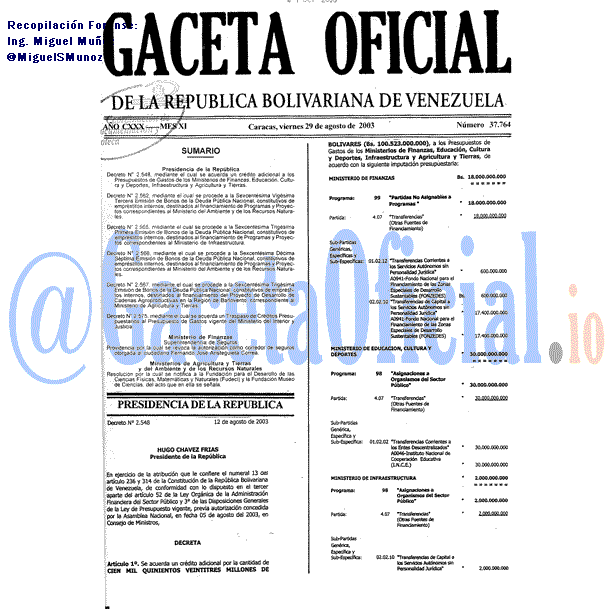 Gaceta Oficial 37764 del 29 Agosto 2003
