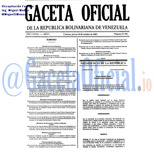 Gaceta Oficial 37798 del 16 Octubre 2003