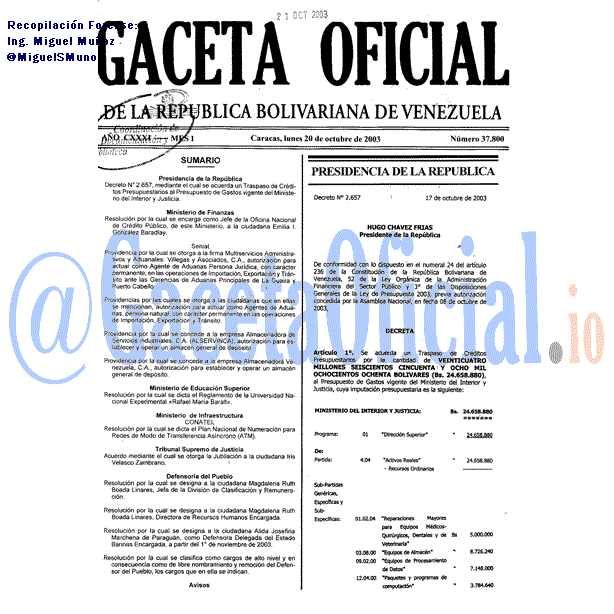 Gaceta Oficial 37800 del 20 Octubre 2003