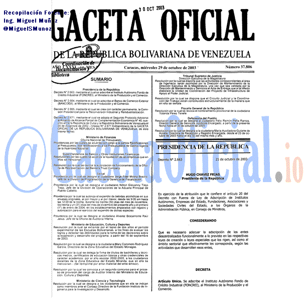 Gaceta Oficial 37806 del 29 Octubre 2003