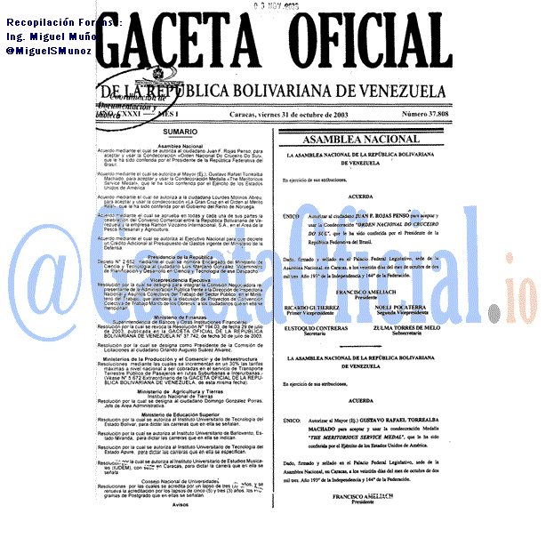 Gaceta Oficial 37808 del 31 Octubre 2003