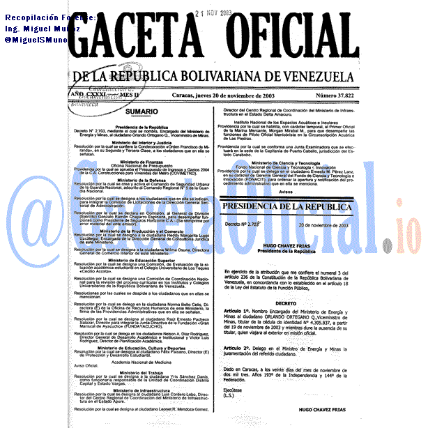 Gaceta Oficial 37822 del 20 Noviembre 2003