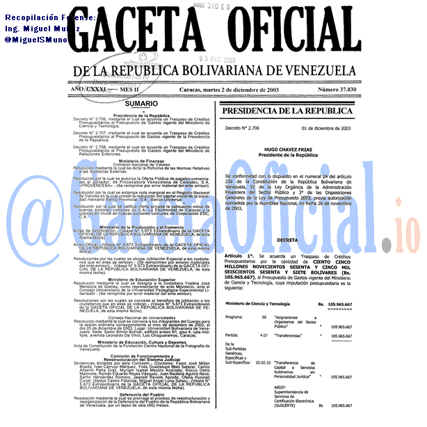 Gaceta Oficial 37830 del 2 Diciembre 2003