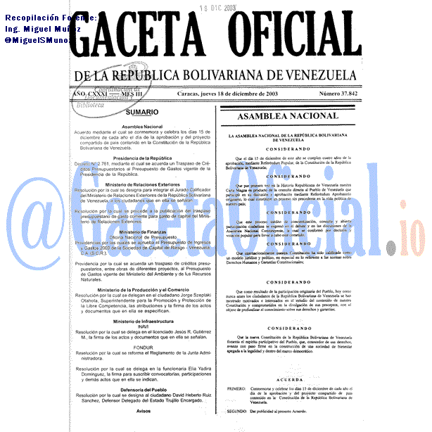 Gaceta Oficial 37842 del 18 Diciembre 2003