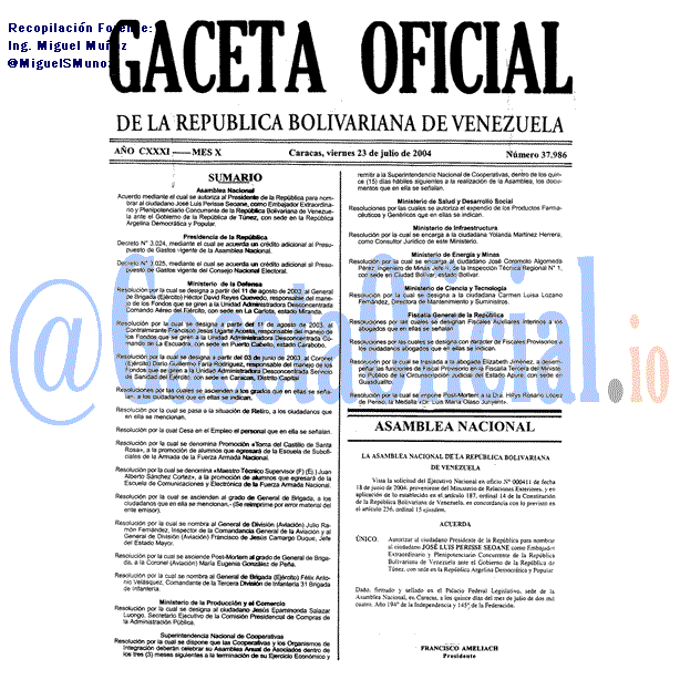 Gaceta Oficial 37986 del 23 Julio 2004