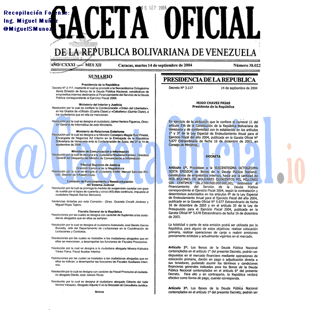 Gaceta Oficial 38022 del 14 Septiembre 2004