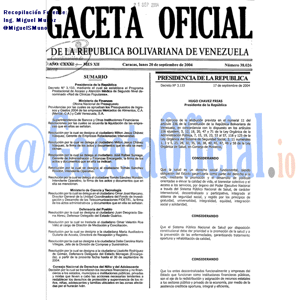 Gaceta Oficial 38026 del 20 Septiembre 2004