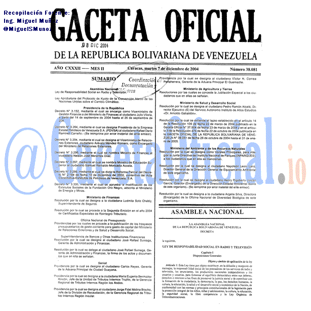 Gaceta Oficial 38081 del 7 Diciembre 2004