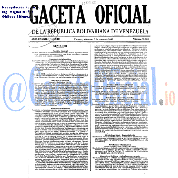 Gaceta Oficial 38100 del 5 Enero 2005