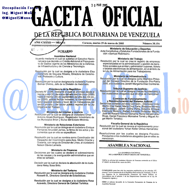 Gaceta Oficial 38154 del 29 Marzo 2005