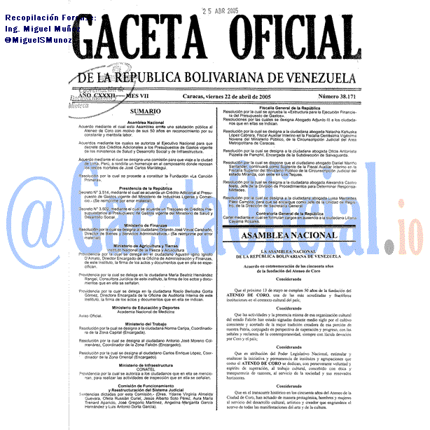 Gaceta Oficial 38171 del 22 Abril 2005