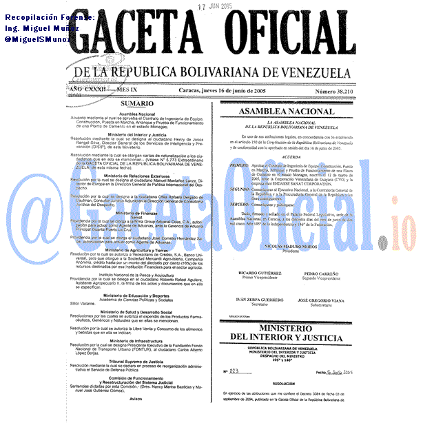 Gaceta Oficial 38210 del 16 Junio 2005
