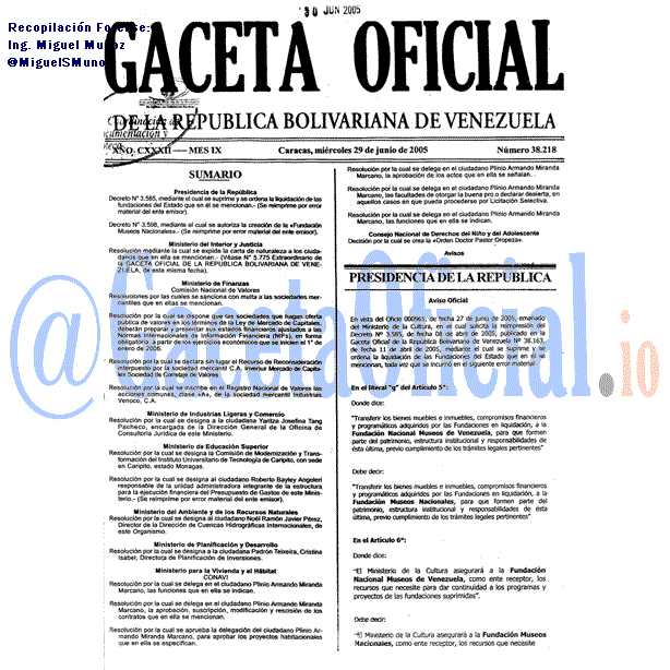 Gaceta Oficial 38218 del 29 Junio 2005