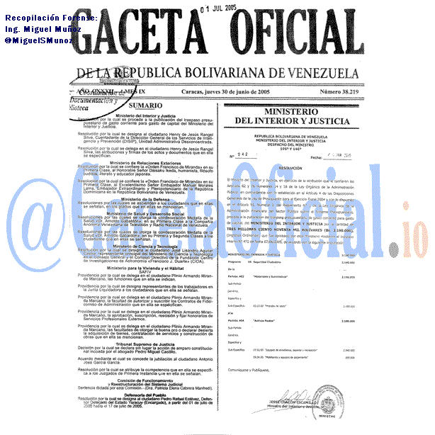 Gaceta Oficial 38219 del 30 Junio 2005
