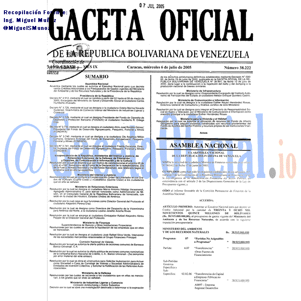 Gaceta Oficial 38222 del 6 Julio 2005