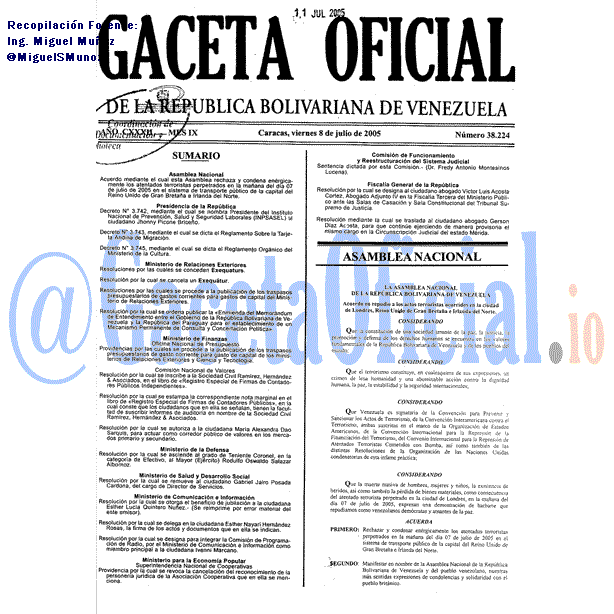 Gaceta Oficial 38224 del 8 Julio 2005