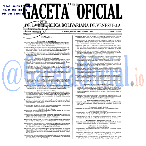 Gaceta Oficial 38229 del 15 Julio 2005
