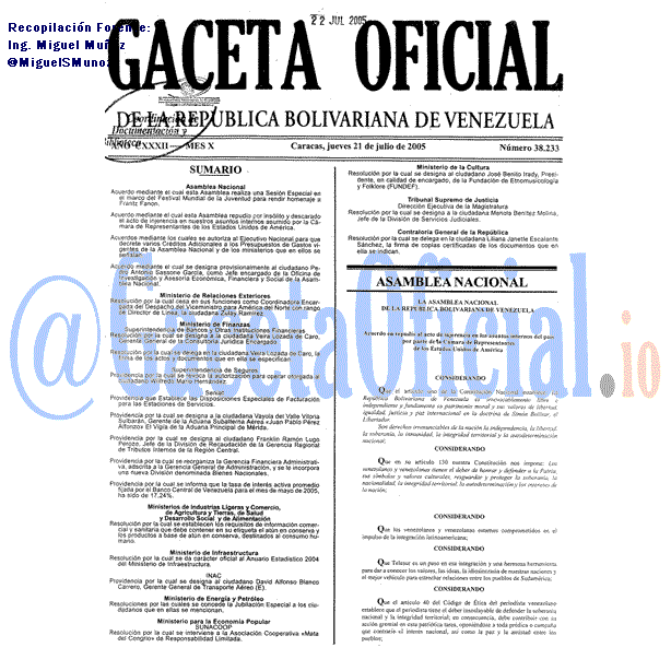 Gaceta Oficial 38233 del 21 Julio 2005