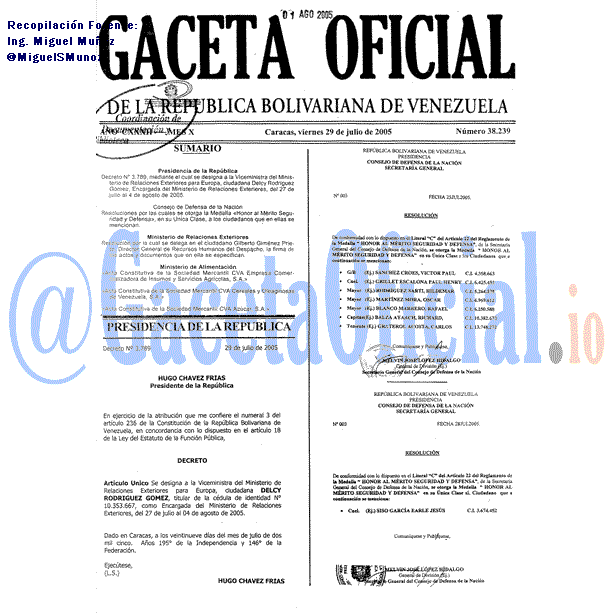 Gaceta Oficial 38239 del 29 Julio 2005