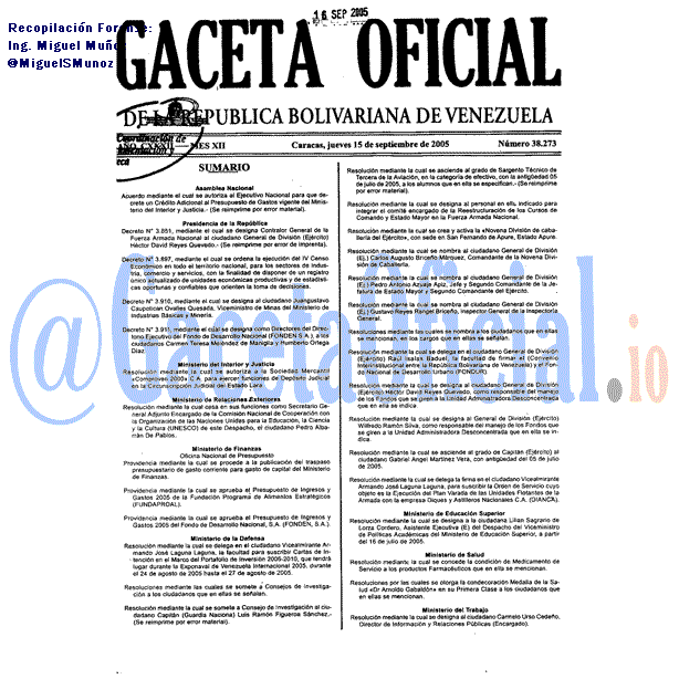 Gaceta Oficial 38273 del 15 Septiembre 2005