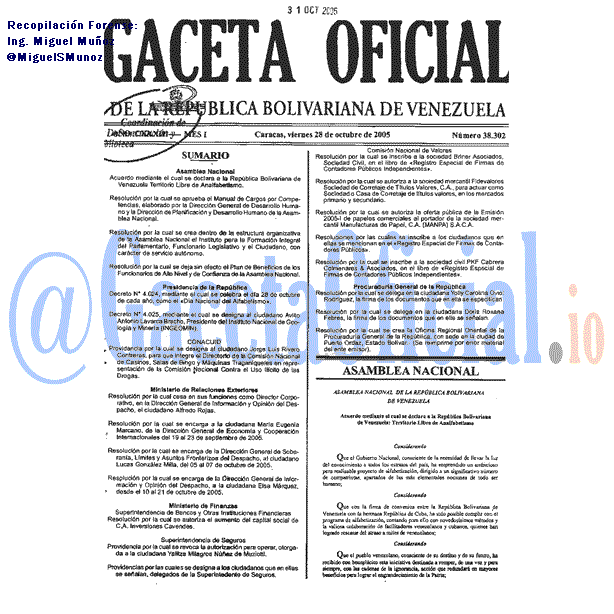 Gaceta Oficial 38302 del 28 Octubre 2005