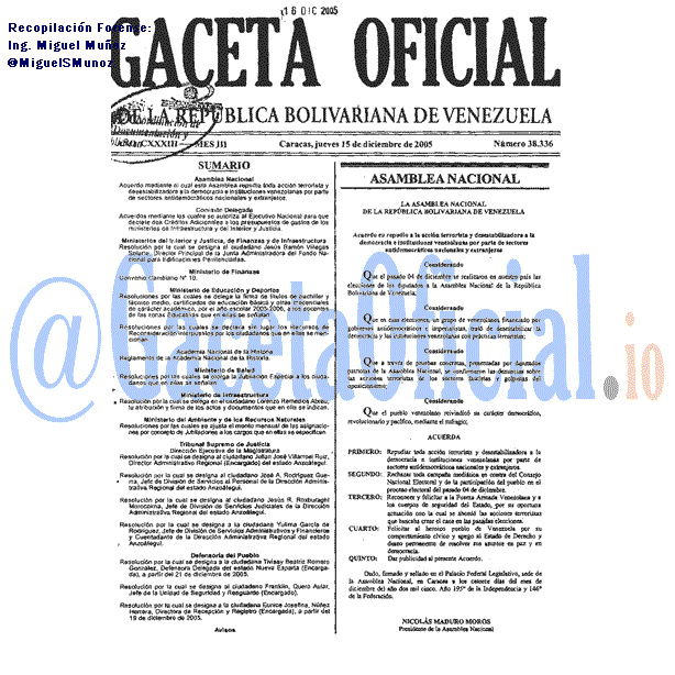 Gaceta Oficial 38336 del 15 Diciembre 2005