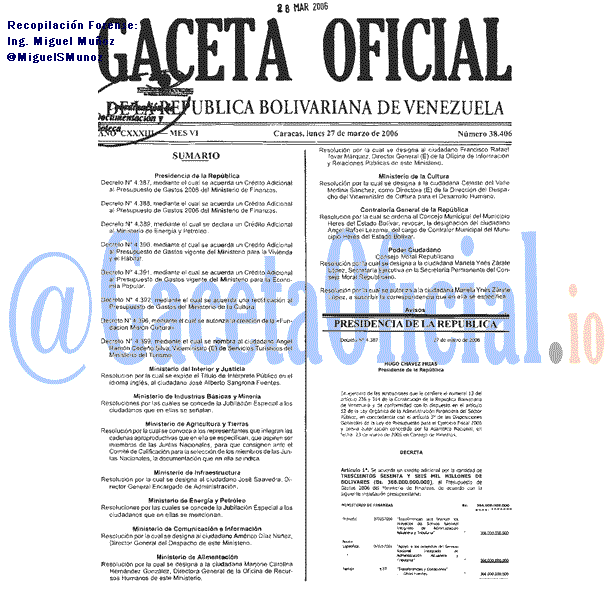 Gaceta Oficial 38406 del 27 Marzo 2006