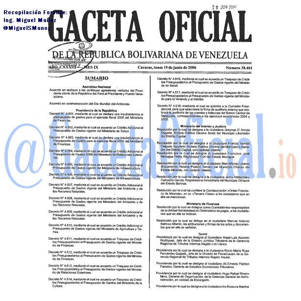 Gaceta Oficial 38461 del 19 Junio 2006