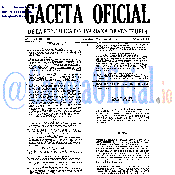 Gaceta Oficial 38498 del 11 Agosto 2006