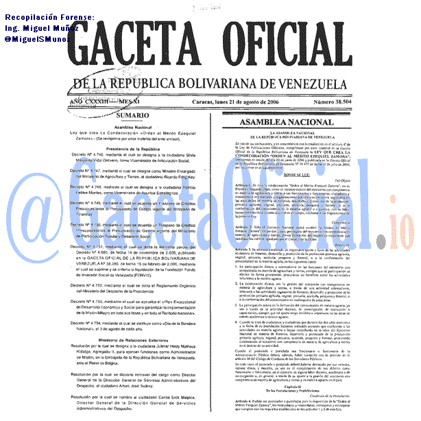 Gaceta Oficial 38504 del 21 Agosto 2006