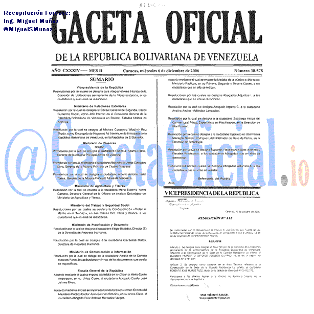 Gaceta Oficial 38578 del 6 Diciembre 2006