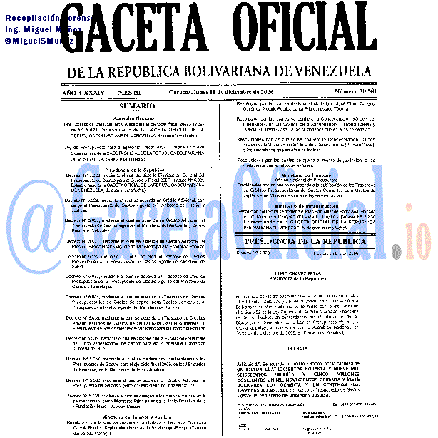 Gaceta Oficial 38581 del 11 Diciembre 2006
