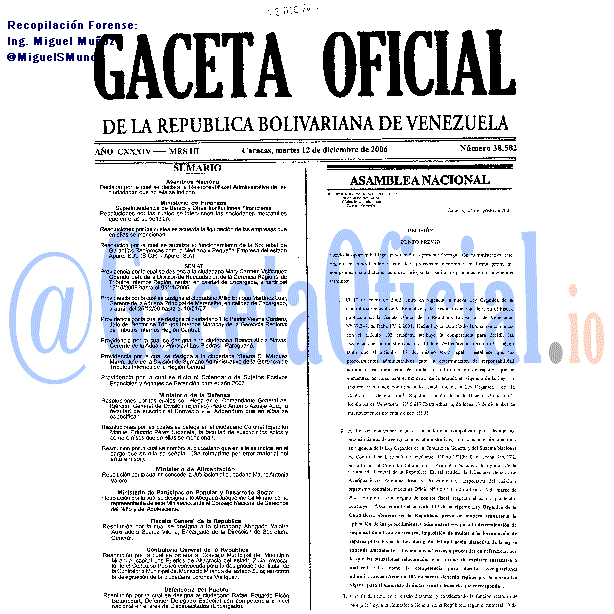 Gaceta Oficial 38582 del 12 Diciembre 2006
