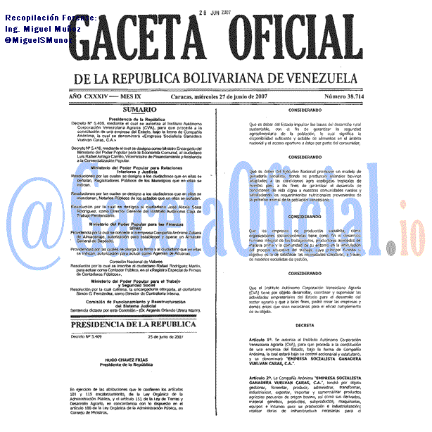 Gaceta Oficial 38714 del 27 Junio 2007
