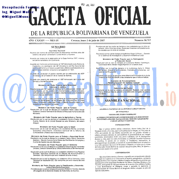 Gaceta Oficial 38717 del 2 Julio 2007