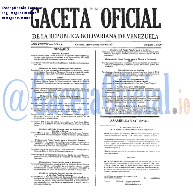 Gaceta Oficial 38729 del 19 Julio 2007