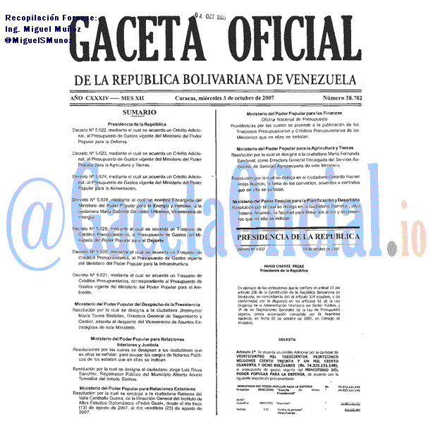 Gaceta Oficial 38782 del 3 Octubre 2007