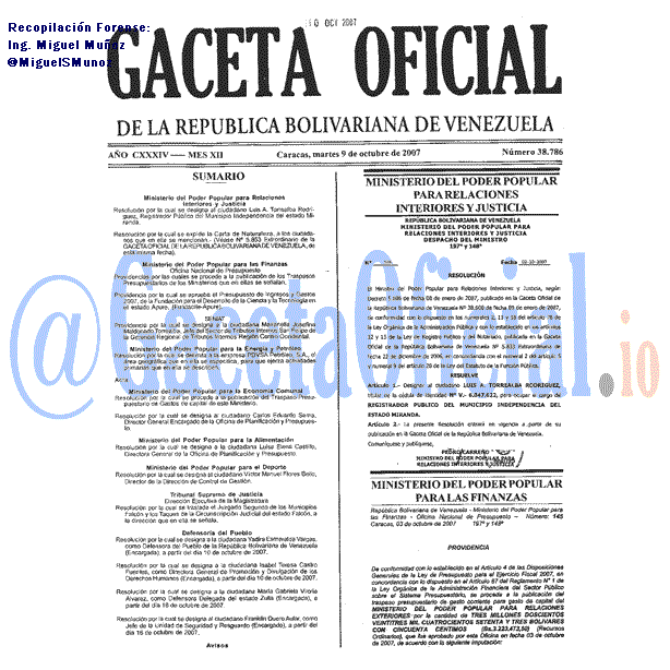 Gaceta Oficial 38786 del 9 Octubre 2007