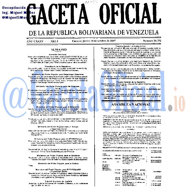 Gaceta Oficial 38792 del 18 Octubre 2007