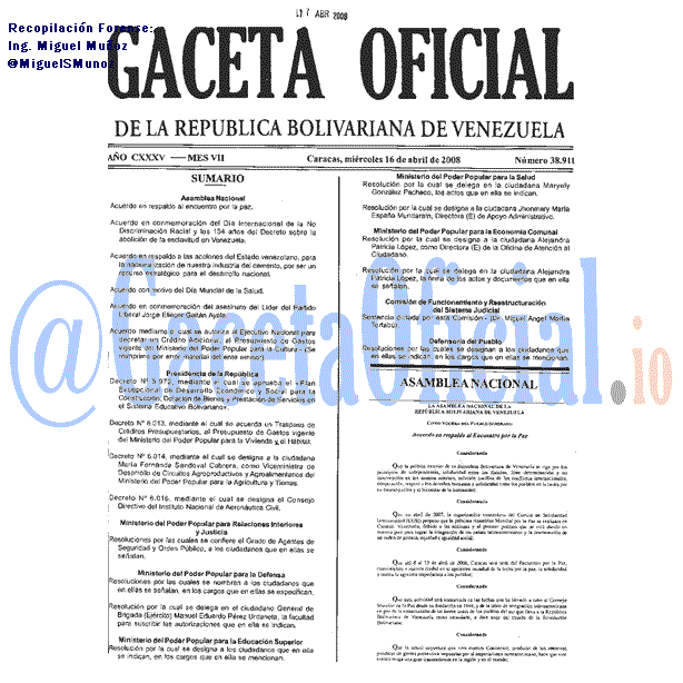 Gaceta Oficial 38911 del 16 Abril 2008