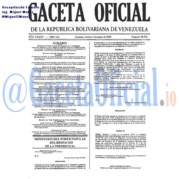 Gaceta Oficial 38922 del 2 Mayo 2008