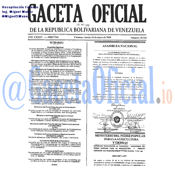Gaceta Oficial 38932 del 16 Mayo 2008