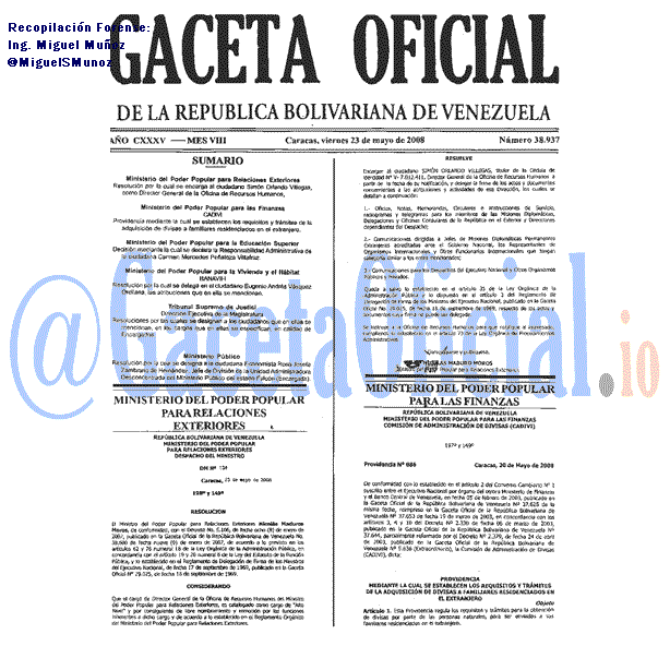 Gaceta Oficial 38937 del 23 Mayo 2008