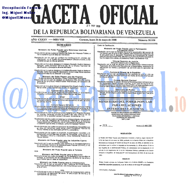 Gaceta Oficial 38938 del 26 Mayo 2008