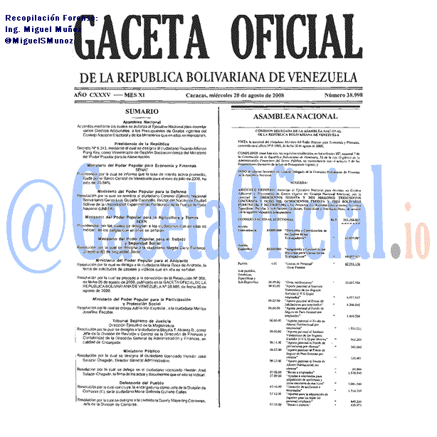 Gaceta Oficial 38998 del 20 Agosto 2008