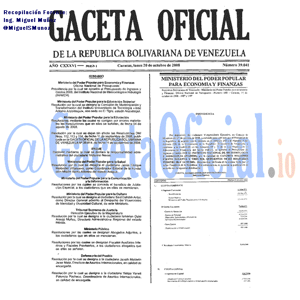 Gaceta Oficial 39041 del 20 Octubre 2008