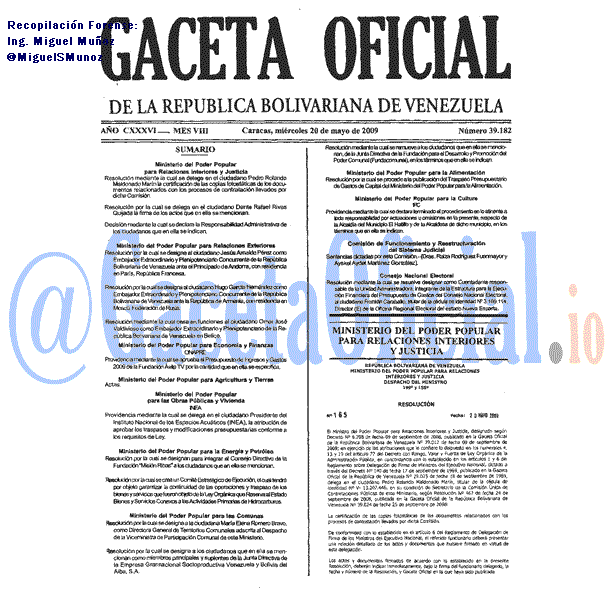 Gaceta Oficial 39182 del 20 Mayo 2009