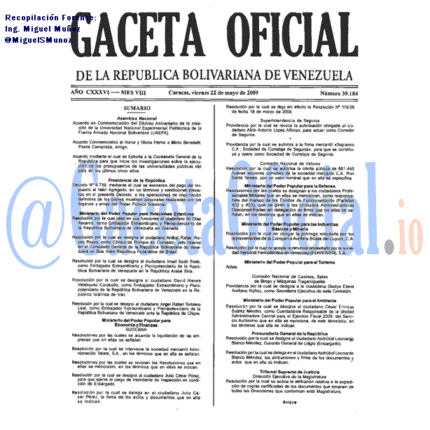 Gaceta Oficial 39184 del 22 Mayo 2009