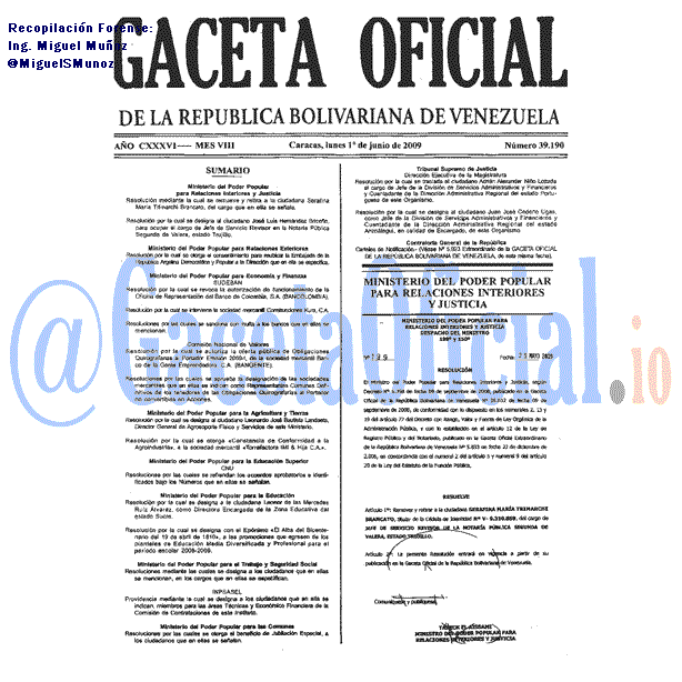 Gaceta Oficial 39190 del 1 Junio 2009